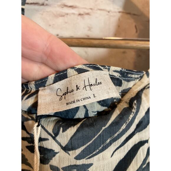 Sophie & Hailee Midi Dress Womens Large Midnight Blue Palm Tree Tropical Print - Picture 2 of 16